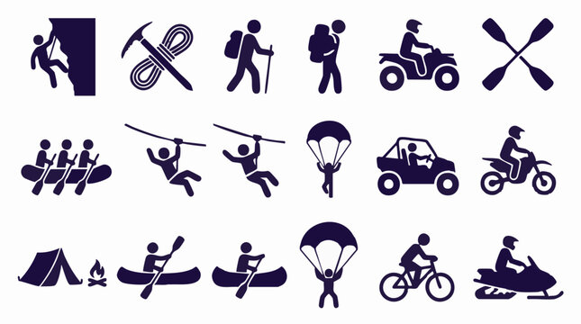 Outdoor Adventure and Extreme Sports Activity Pictogram Icon Set