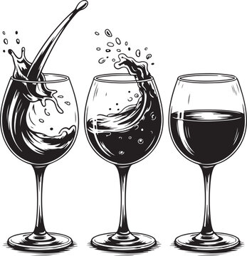 Collection of three wine glasses with red liquid showing swirling motion splashes and full glass on transparent background.