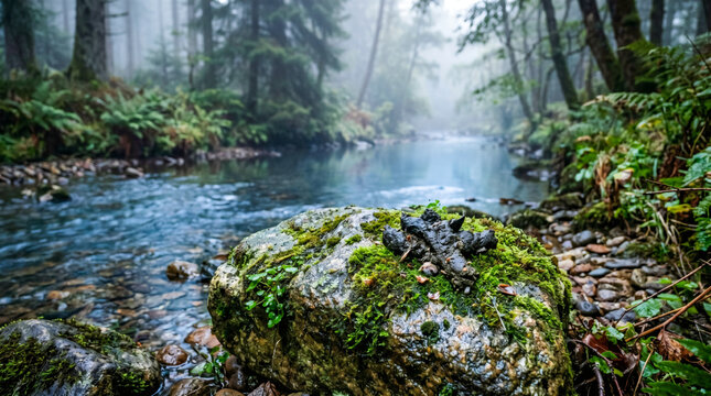 Animal Droppings on Mossy Rock Near Forest River