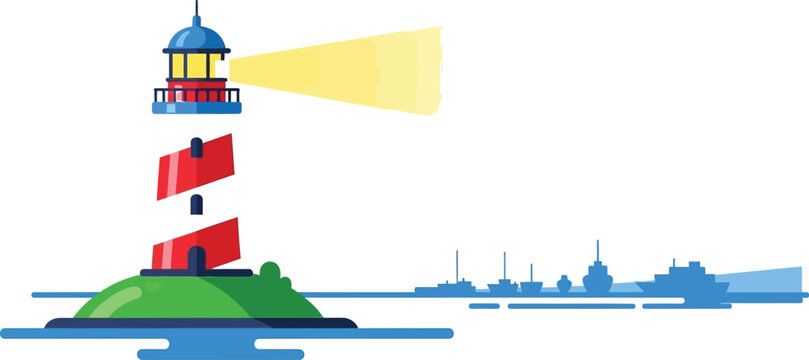 Lighthouse beam shines over island with green hill and red tower near ship