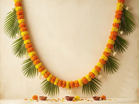 Beige background with a floral Indian toran garland made of marigold flowers and mango leaves. Ornamentation for Hindu festivities. Banner for Ugadi, Gudi Padva, Hindu New Year, Diwali, Onam, Ponga