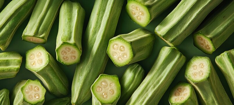 Vibrant Green Okra Plant Sections Displayed with Fresh Ingredients for Healthy Cooking Inspiration