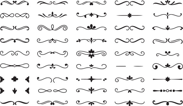Set of decorative calligraphic design elements, page decor, dividers, and rule lines for invitation cards and menu.