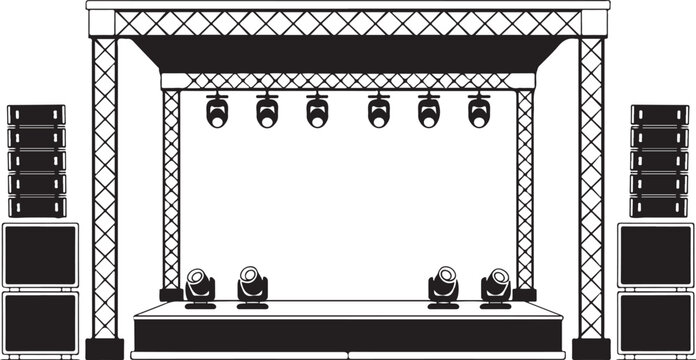 Professional music concert stage with spotlights and audio speakers truss rigging system for live performance event production.