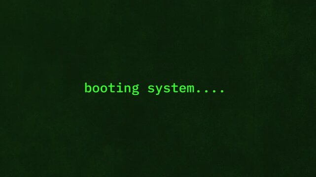 Vintage Computer Booting System Animation on Retro CRT Terminal Screen with Green Text Display Effect