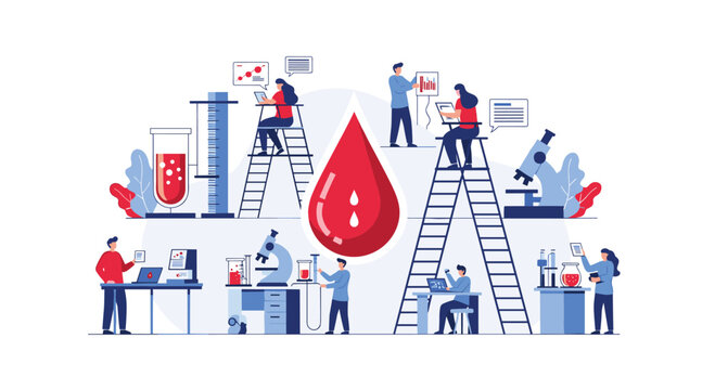 Medical laboratory team conducting blood tests and research with microscopes and laboratory equipment around a giant blood drop.