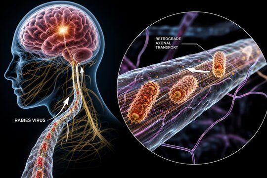 Medical illustration showing rabies virus particles traveling along a neuron axon toward the central nervous system, representing retrograde axonal transport and lyssavirus infection