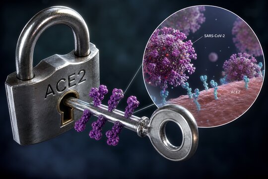 Molecular 3d render of the coronavirus spike (s protein) fitting into the ace2 receptor on a human cell surface, perfect for virology, vaccine research, and covid-19 education