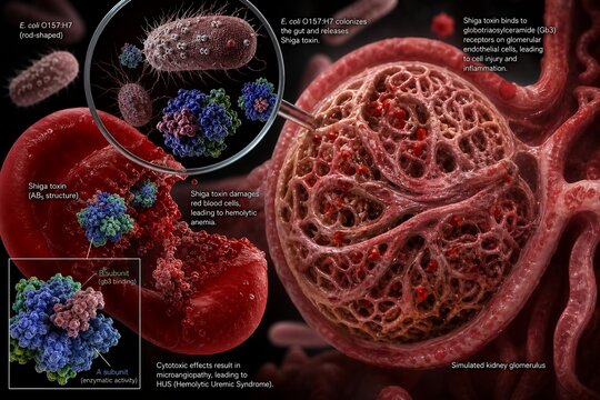 Scientific illustration showing e. coli bacteria releasing ab5 toxin that damages a simulated red blood cell and renal glomerular tissue, perfect for medical education and pathology