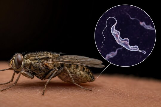 Tsetse fly on human skin with trypanosomes highlighted, representing transmission of human african trypanosomiasis, ideal for medical textbooks and public health campaigns