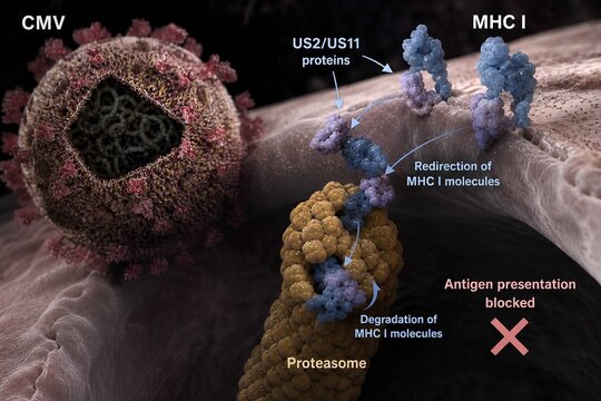 Magnified scientific illustration of cytomegalovirus particles producing us2 and us11 proteins, redirecting mhc class i molecules to proteasomes for degradation, representing viral immune evasion
