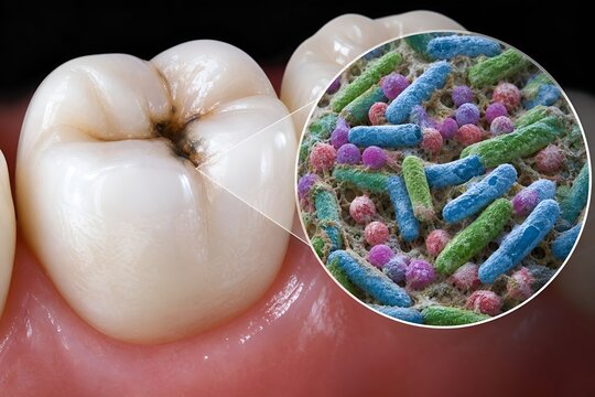 Human molar tooth showing a dark cavity or decay, with a magnified circular inset revealing cariogenic bacteria (such as streptococcus mutans), representing dental caries and oral hygiene