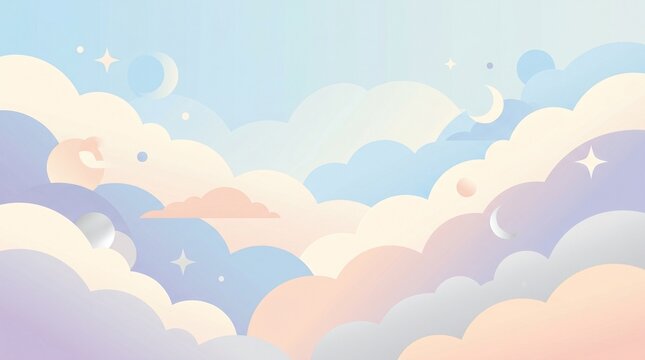 A whimsical, abstract cloudscape in pastel hues featuring soft layered clouds, crescent moons, and twinkling stars. A peaceful, minimalist dreamland perfect for calm backgrounds.