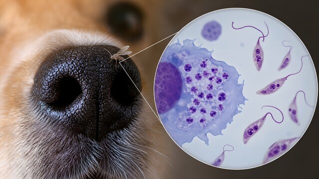 Mosquito resting on a dog's nose with an inset magnified view of leishmania parasites, representing vector-borne disease transmission and canine leishmaniasis