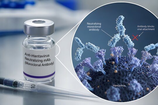 Laboratory scene with a vaccine vial, a filled syringe, and an illustrated moa chart showing antibody binding to hantavirus particles, perfect for infectious disease content