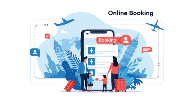 Family with luggage uses a giant smartphone for online flight booking with world landmarks and airplanes in the colorful background.