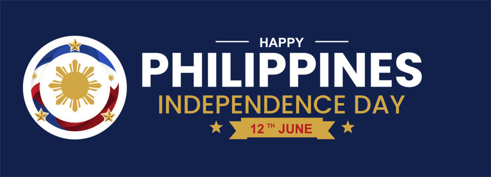 Happy Philippines Independence Day banner with patriotic emblem, national flag colors, golden stars, and elegant flat design for social media, greeting cards, posters, and celebrations.
