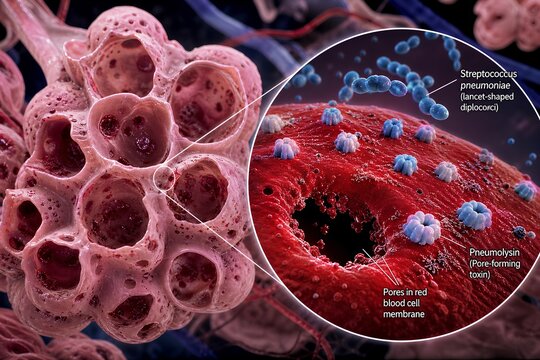 Damaged lung alveoli showing round sacs with visible tears and pores, with magnified streptococcus pneumoniae bacteria and pneumolysin toxin creating membrane pores in a red blood cell