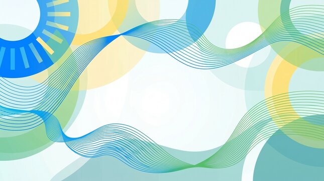 A vibrant abstract background featuring flowing waves and geometric circles in teal, yellow, and blue, evoking a sense of clean renewable energy and futuristic sustainability.