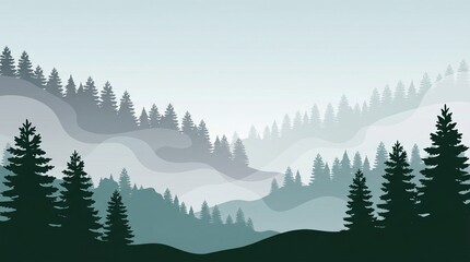 Fototapeta premium A serene, stylized illustration of a luxurious misty forest. Layered evergreen silhouettes recede into soft fog, creating a calm, minimalist landscape in cool teal and grey tones.