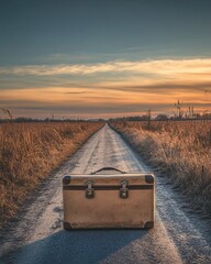 Naklejka premium A Vintage Suitcase Sitting Alone on a Quiet Path in the Countryside, Inviting Memories and Journeys