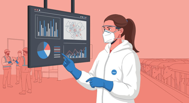 Woman in lab coat analyzing data on screen with farm background