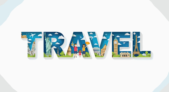 Creative travel typography design featuring famous international landmarks and world heritage sites inside the letters.