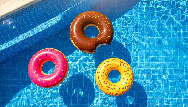 A fantastical pool party for no one, featuring a fleet of giant, delicious-looking inflatable donuts floating on pristine blue water, ideal for summer event promotion, wall art, or cheerful branding