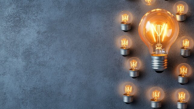 Glowing lightbulb stands out from a group of smaller bulbs on a dark background.