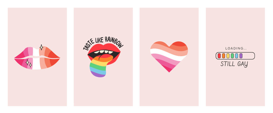 Set of pride month vertical banners with retro aesthetic lesbian flag lips, heart and rainbow tongue. LGBTQ social media story templates with groovy 70s style icons for inclusive community celebration