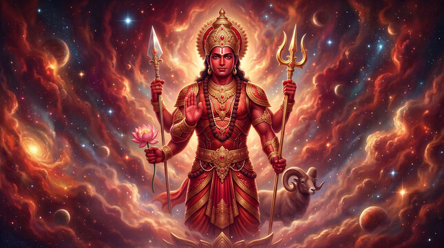 Lord Mangal Hindu God of Mars with Ram Vahan in Cosmic Space