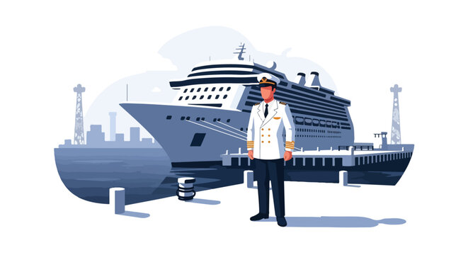 Cruise Ship Captain in Harbor Vector Illustration, Maritime Colosal Transportation and Shipping Industry Concept in Clipart Style