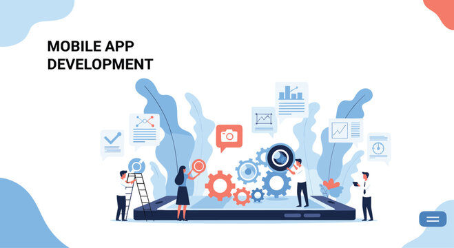 Group of professional developers working together on a massive smartphone to build a functional and modern mobile application.