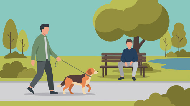 Man walking dog and man sitting on bench in a park, flat illustration