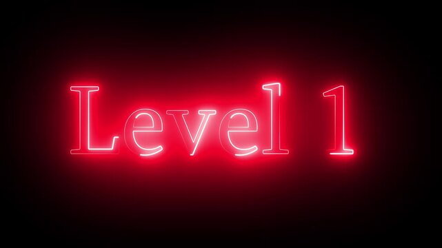 Red neon sign displaying the words Level 1 illuminates dramatically on black background providing exciting introduction to game or competition setting dynamic glowing text effect.