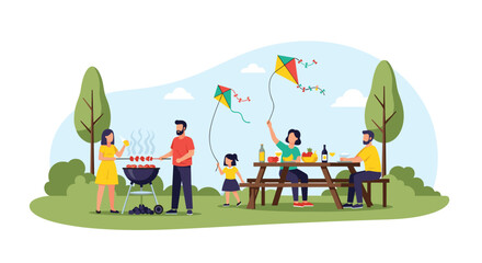 Naklejka premium Group of friends enjoys a summer barbecue picnic in a park with children flying colorful kites under a clear blue sky.