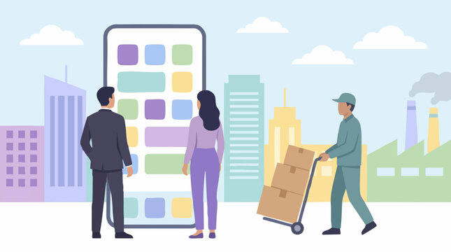 Mobile App Interface with People, Delivery, and Urban Logistics Scene