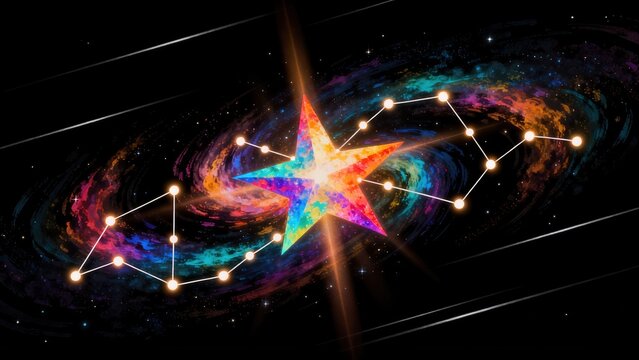 Colorful star in galaxy with constellation lines
