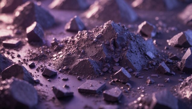 Macro texture of futuristic bio-engineered agricultural soil and weathered metal ore in deep violet lighting