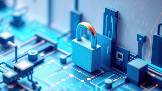 Abstract circuit board design features prominent lock symbol. Blue tones dominate futuristic digital landscape. Complex connections visible.