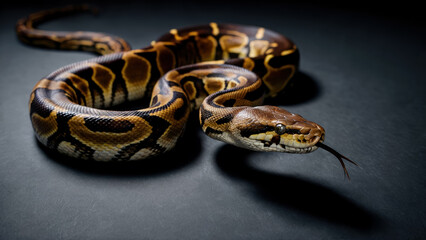 Fototapeta premium Coiled ball python resting on dark table with patterned skin and dramatic studio light