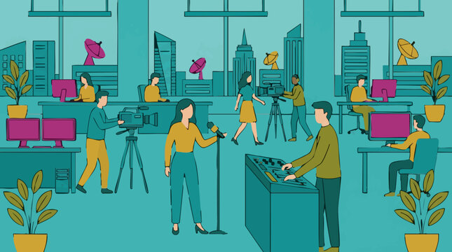 Busy media production studio illustration with broadcasting team and equipment