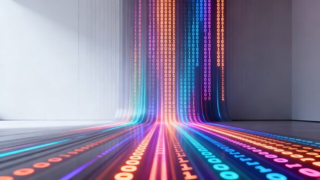 Colorful binary code flow in a room