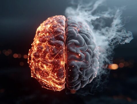 half of the brain with atrophy of the cerebral cortex and impaired cognitive function, the other half is a healthy brain with running neurons

