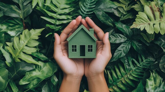 Hands gently holding a small green house model surrounded by lush green leaves.