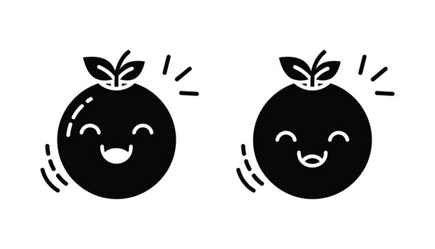 Happy orange fruit character vector set with smiling faces and leaves in minimalist black design for healthy lifestyle and food marketing projects isolated on white background