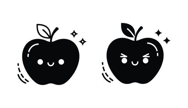 Cute apple fruit character vector set with happy and winking expressions in minimalist black design for healthy food education and school projects isolated on white background