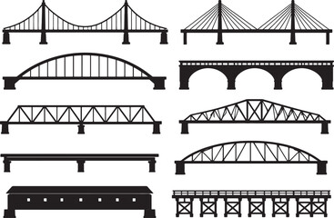 A diverse compilation of bridge silhouettes showcasing various architectural styles, from suspension and cable-stayed to arch and truss engineering and urban themes also transparent background © BeCoolOk