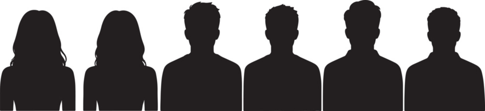 A horizontal row of six distinct black silhouettes of human heads and shoulders, showcasing diverse hairstyles and necklines against a white background, representing also transparent background