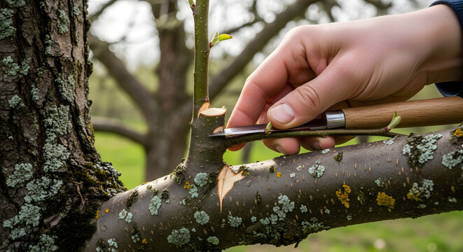 Gardener's hands carefully pruning a fruit tree branch with a sharp knife, showcasing a crucial step in horticultural care for healthy growth